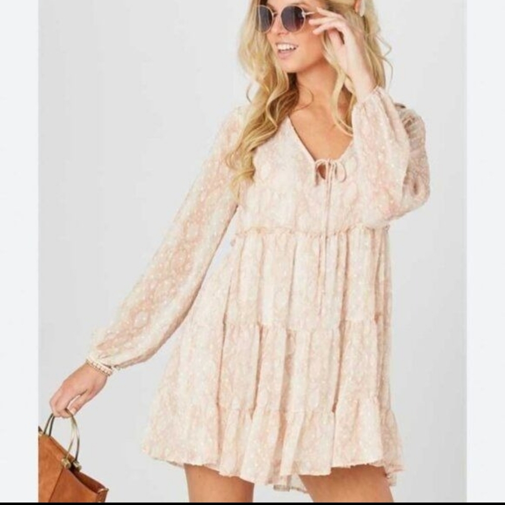 Altar'd State Snakeskin Tiered Mini Dress Small Boho Chiffon Long Sleeve